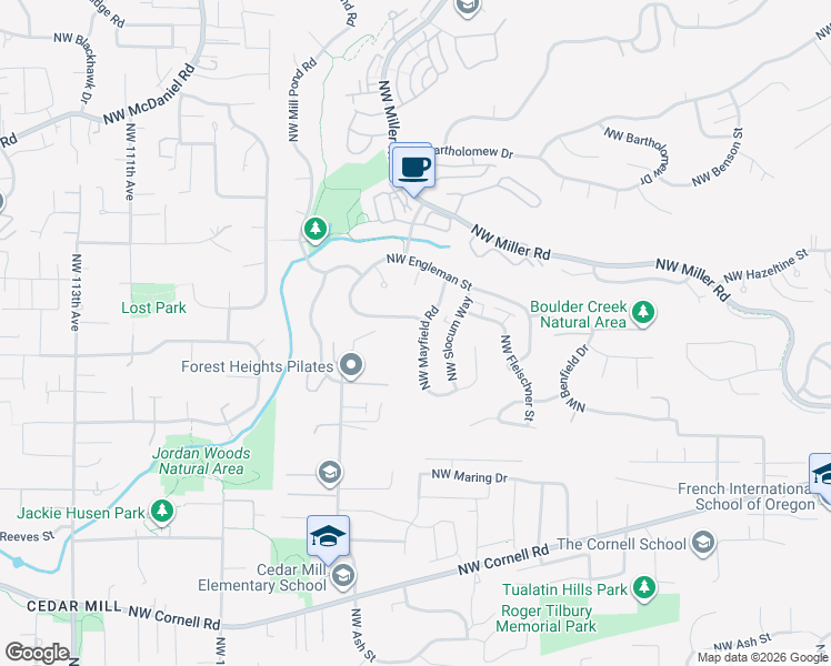 map of restaurants, bars, coffee shops, grocery stores, and more near 10355 Northwest Engleman Street in Portland