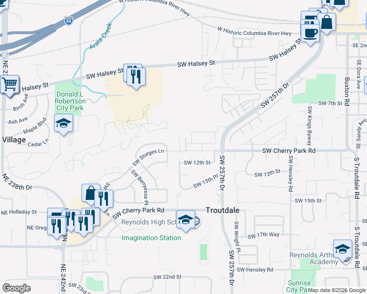 map of restaurants, bars, coffee shops, grocery stores, and more near 1601 Southwest Sturges Drive in Troutdale