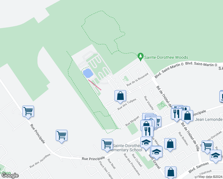 map of restaurants, bars, coffee shops, grocery stores, and more near 7775 Boulevard Saint-Martin Ouest in Laval
