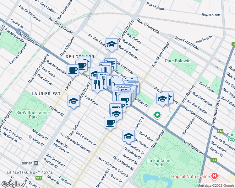 map of restaurants, bars, coffee shops, grocery stores, and more near 4615 Avenue Papineau in Montréal