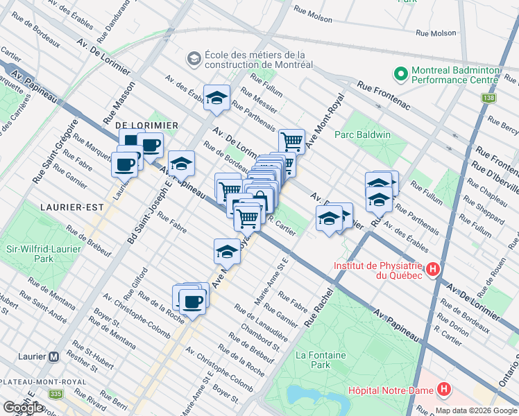 map of restaurants, bars, coffee shops, grocery stores, and more near 4509 Rue Cartier in Montréal