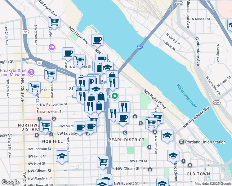 map of restaurants, bars, coffee shops, grocery stores, and more near 1411 Northwest Quimby Street in Portland