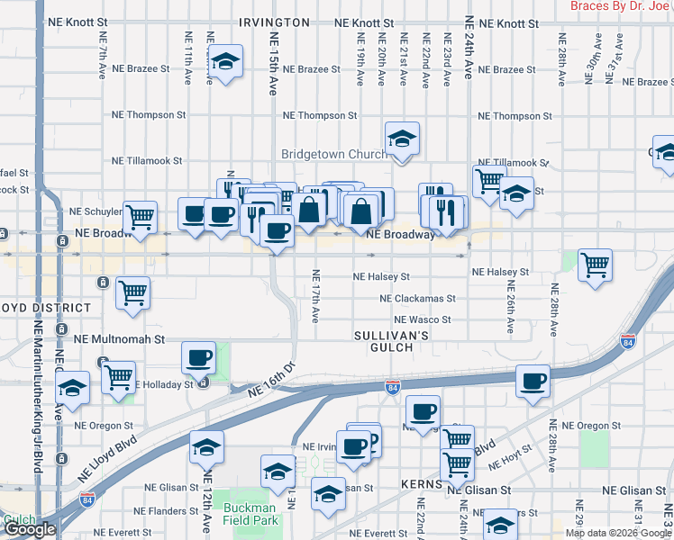 map of restaurants, bars, coffee shops, grocery stores, and more near 1805 Northeast Halsey Street in Portland
