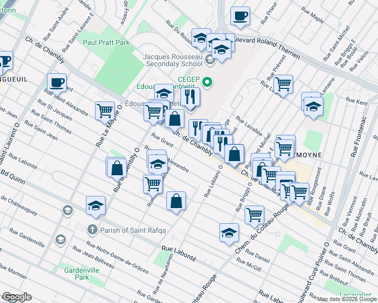 map of restaurants, bars, coffee shops, grocery stores, and more near 1027 Rue Grant in Longueuil