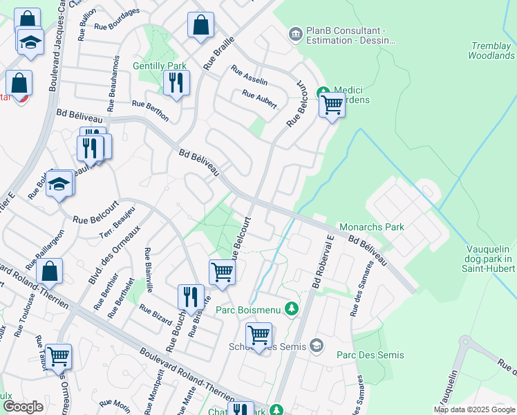 map of restaurants, bars, coffee shops, grocery stores, and more near 3068 Boulevard Béliveau in Longueuil