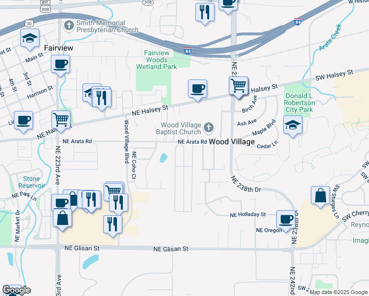 map of restaurants, bars, coffee shops, grocery stores, and more near 1615 Northeast 235th Avenue in Troutdale