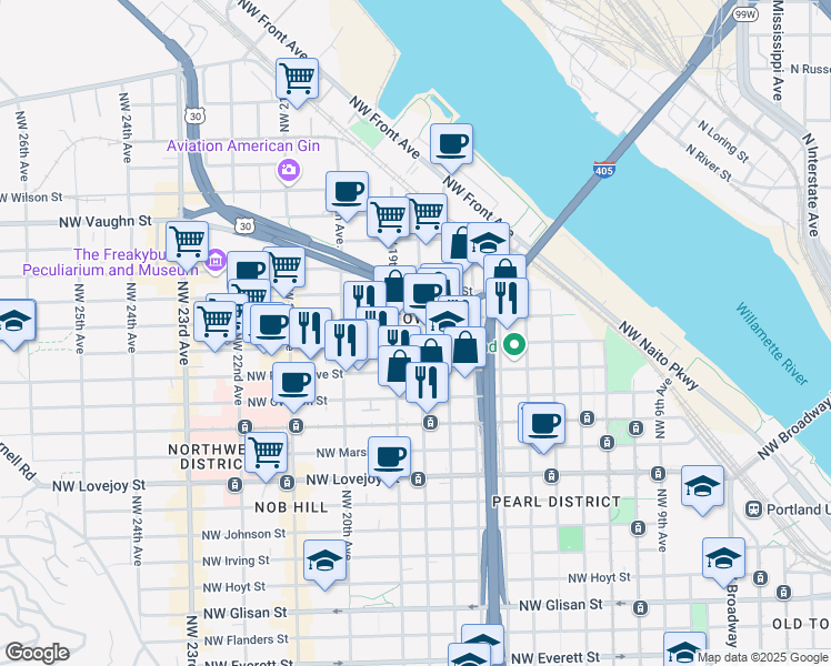 map of restaurants, bars, coffee shops, grocery stores, and more near in Portland