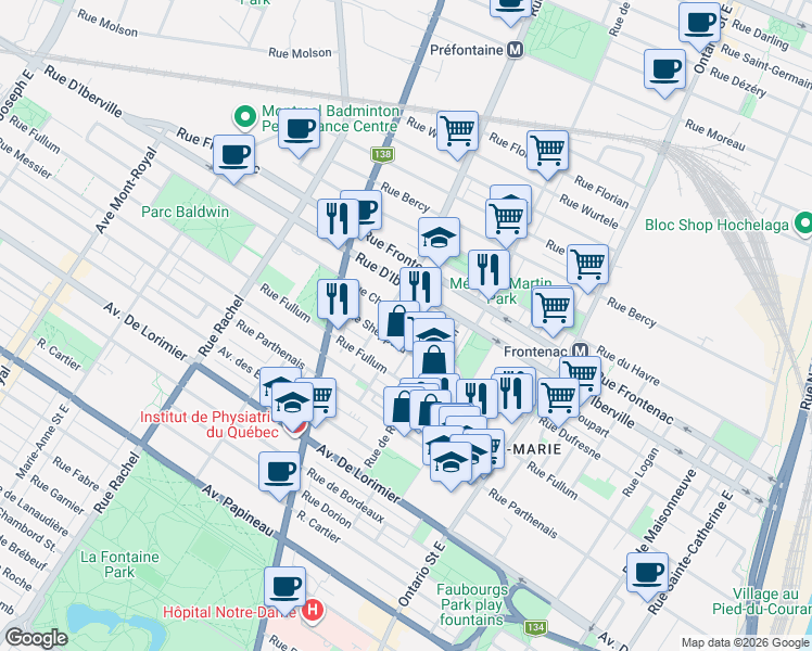 map of restaurants, bars, coffee shops, grocery stores, and more near 2374 Rue Chapleau in Montréal