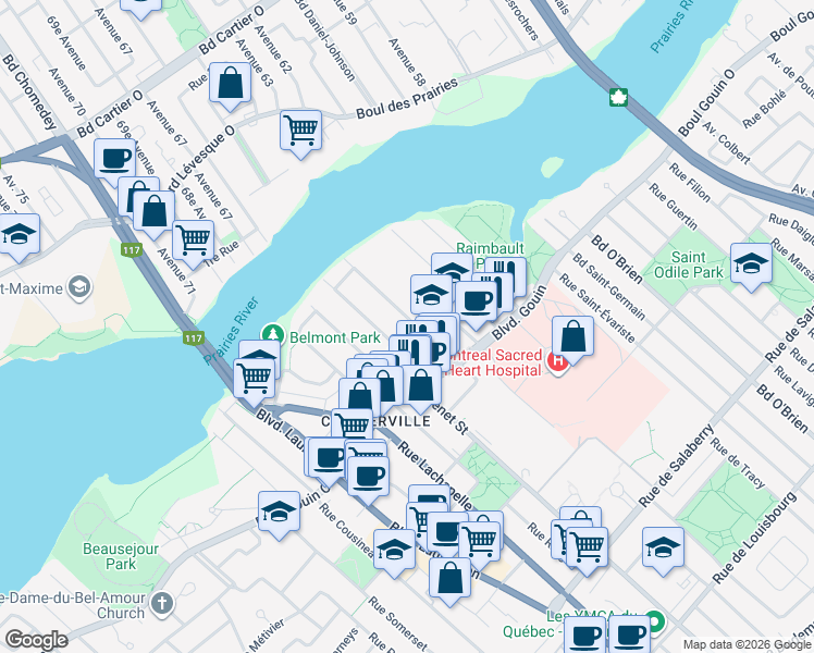 map of restaurants, bars, coffee shops, grocery stores, and more near 12386 Rue de Serres in Montréal