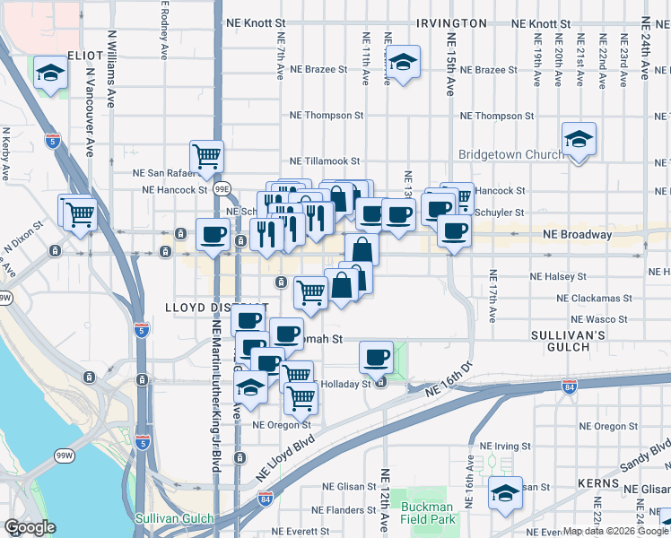 map of restaurants, bars, coffee shops, grocery stores, and more near 825 Northeast Weidler Street in Portland