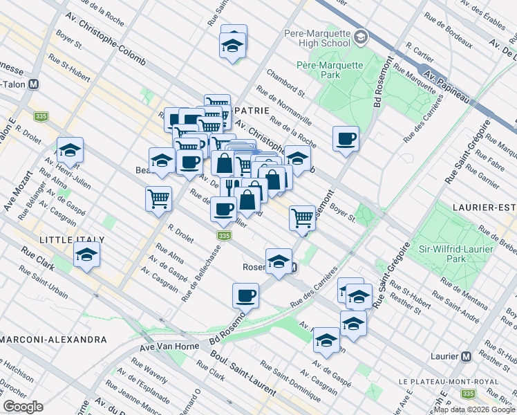 map of restaurants, bars, coffee shops, grocery stores, and more near 6051 Avenue De Chateaubriand in Montréal