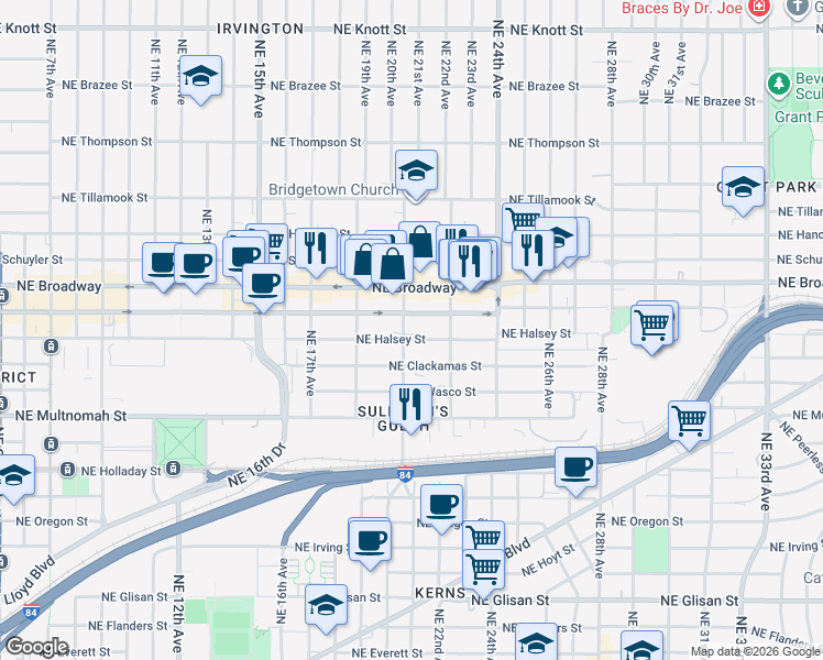 map of restaurants, bars, coffee shops, grocery stores, and more near 2119 Northeast Halsey Street in Portland