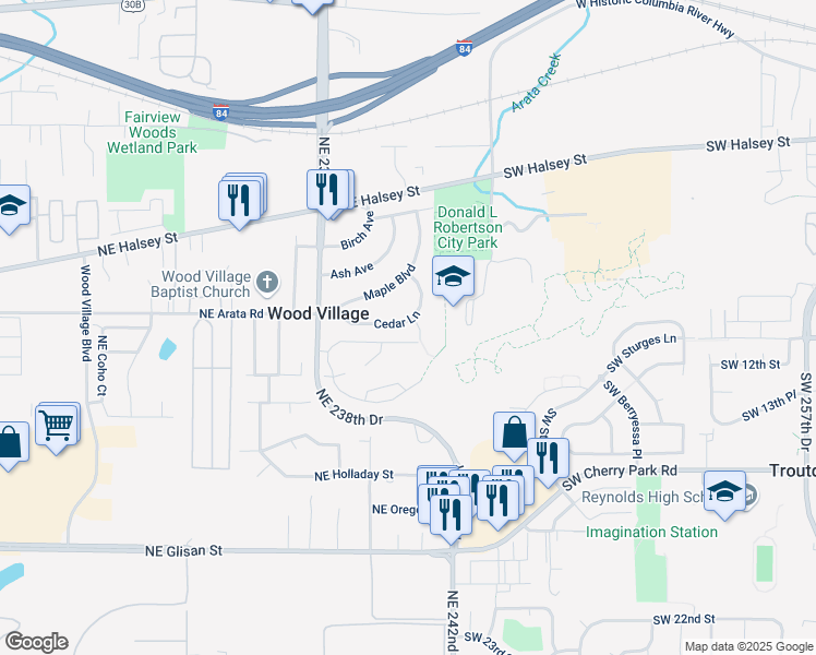 map of restaurants, bars, coffee shops, grocery stores, and more near 123 Cedar Lane in Wood Village