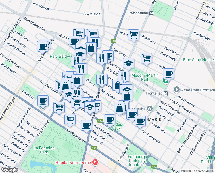 map of restaurants, bars, coffee shops, grocery stores, and more near 2542 Rue Sheppard in Montréal