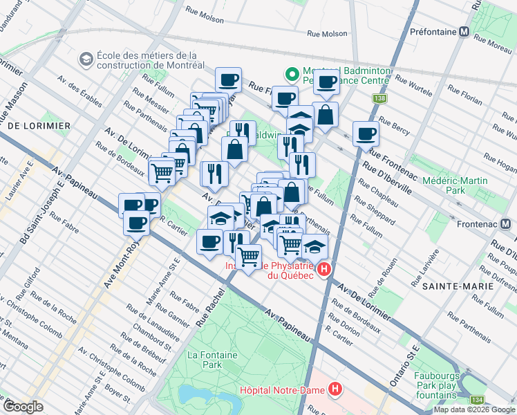 map of restaurants, bars, coffee shops, grocery stores, and more near 4231 Avenue des Érables in Montréal