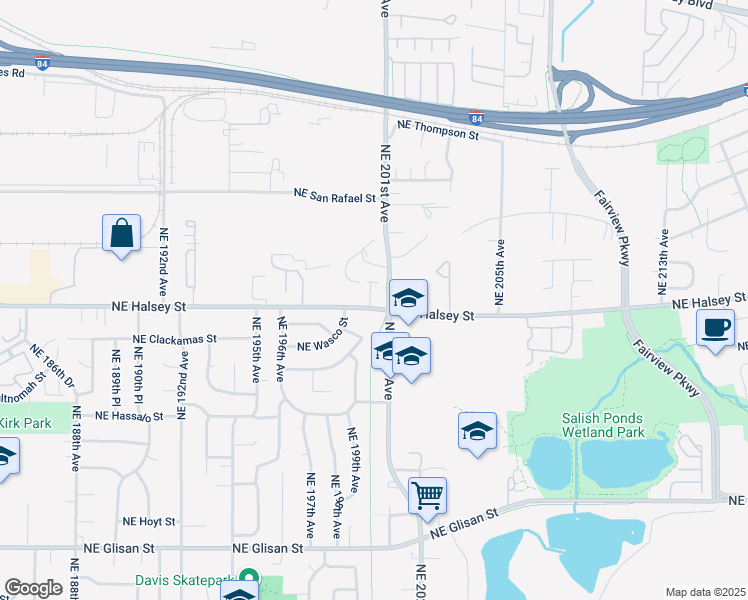 map of restaurants, bars, coffee shops, grocery stores, and more near 19995 Northeast Halsey Street in Portland