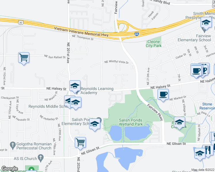 map of restaurants, bars, coffee shops, grocery stores, and more near 20607 Northeast Halsey Street in Fairview