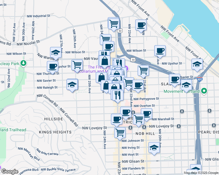 map of restaurants, bars, coffee shops, grocery stores, and more near 2352 Northwest Raleigh Street in Portland