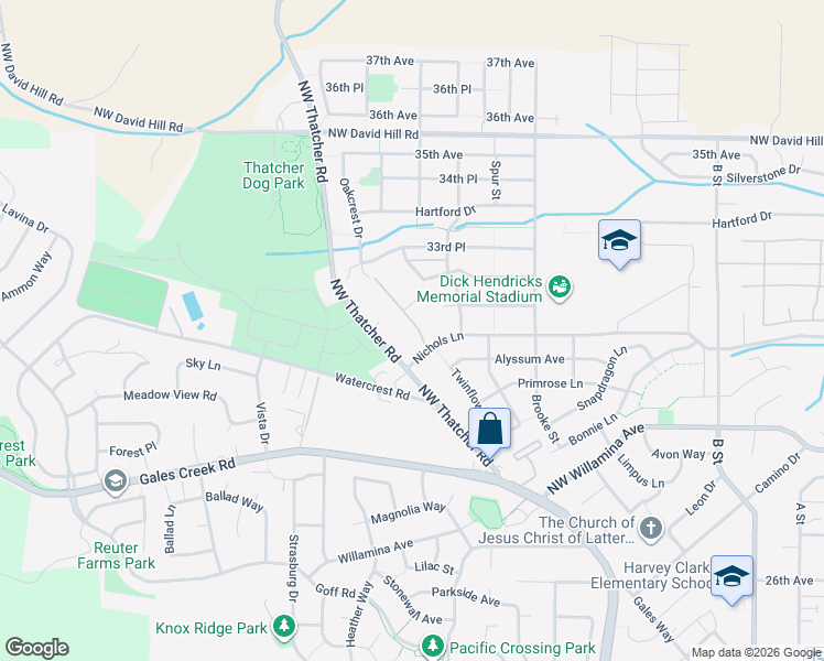 map of restaurants, bars, coffee shops, grocery stores, and more near 3158 Oakcrest Drive in Forest Grove