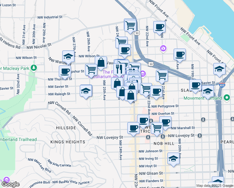 map of restaurants, bars, coffee shops, grocery stores, and more near 2434 Northwest Raleigh Street in Portland