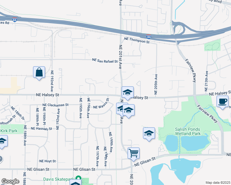 map of restaurants, bars, coffee shops, grocery stores, and more near 19961 Northeast Halsey Street in Portland