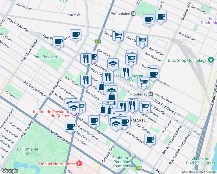 map of restaurants, bars, coffee shops, grocery stores, and more near 2317 Rue Chapleau in Montréal