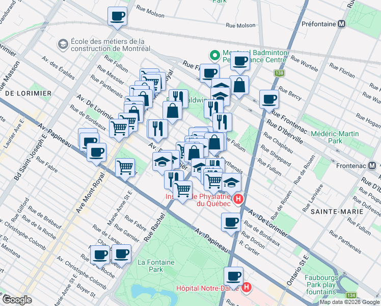 map of restaurants, bars, coffee shops, grocery stores, and more near 4231 Avenue des Érables in Montréal