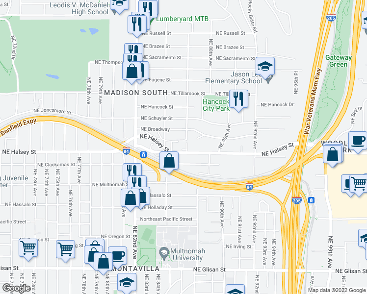map of restaurants, bars, coffee shops, grocery stores, and more near 8502 Northeast Weidler Street in Portland