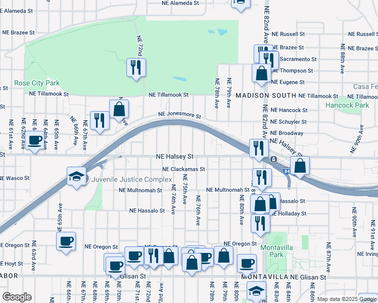 map of restaurants, bars, coffee shops, grocery stores, and more near 1522 Northeast 75th Avenue in Portland