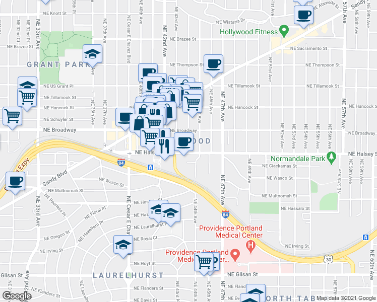 map of restaurants, bars, coffee shops, grocery stores, and more near 4353 Northeast Halsey Street in Portland