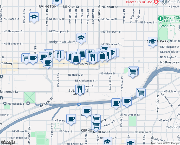 map of restaurants, bars, coffee shops, grocery stores, and more near 1553 Northeast 22nd Avenue in Portland