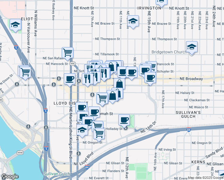 map of restaurants, bars, coffee shops, grocery stores, and more near 825 Northeast Weidler Street in Portland