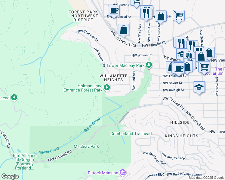 map of restaurants, bars, coffee shops, grocery stores, and more near 3491 Northwest Raleigh Street in Portland