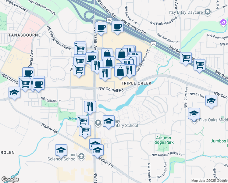 map of restaurants, bars, coffee shops, grocery stores, and more near 18200 Northwest Cornell Road in Beaverton