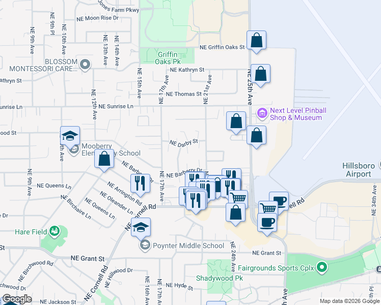 map of restaurants, bars, coffee shops, grocery stores, and more near 1950 Northeast Darby Street in Hillsboro