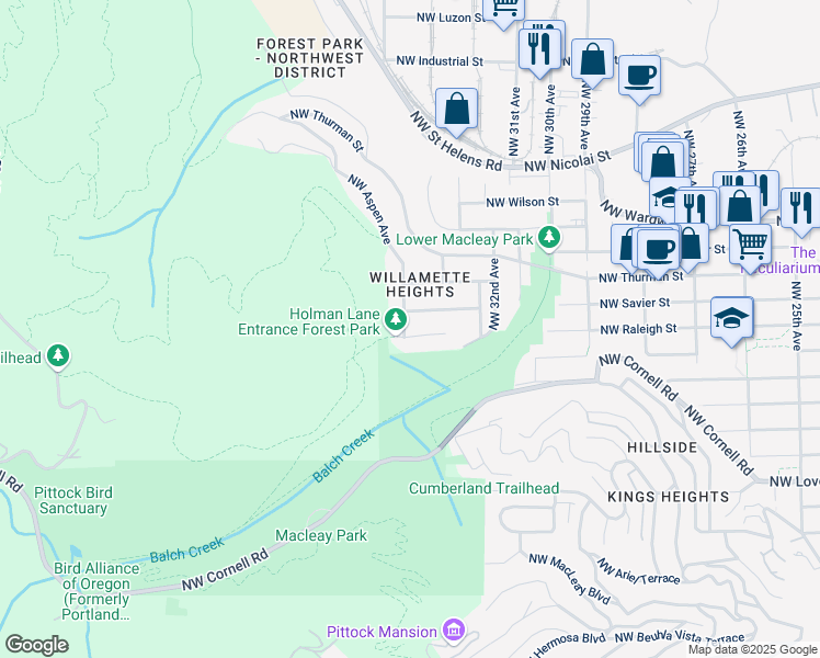 map of restaurants, bars, coffee shops, grocery stores, and more near 3491 Northwest Raleigh Street in Portland