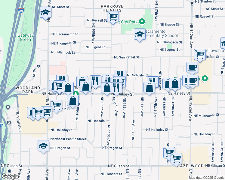 map of restaurants, bars, coffee shops, grocery stores, and more near 11110 Northeast Weidler Street in Portland