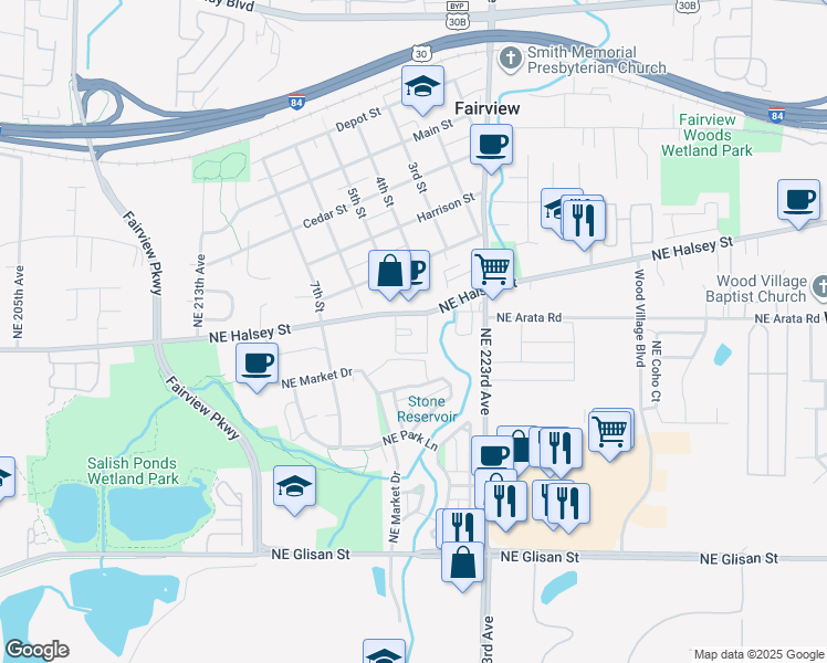 map of restaurants, bars, coffee shops, grocery stores, and more near 22100 Northeast Halsey Street in Fairview