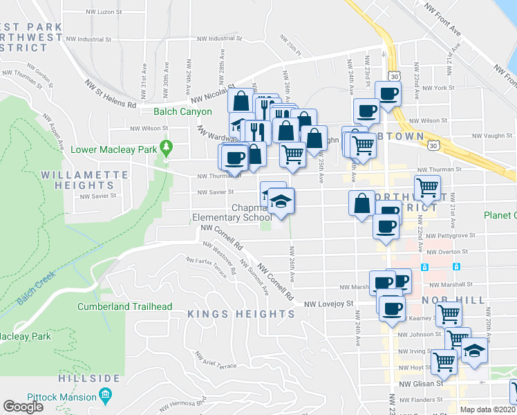 map of restaurants, bars, coffee shops, grocery stores, and more near Northwest Raleigh Street in Portland