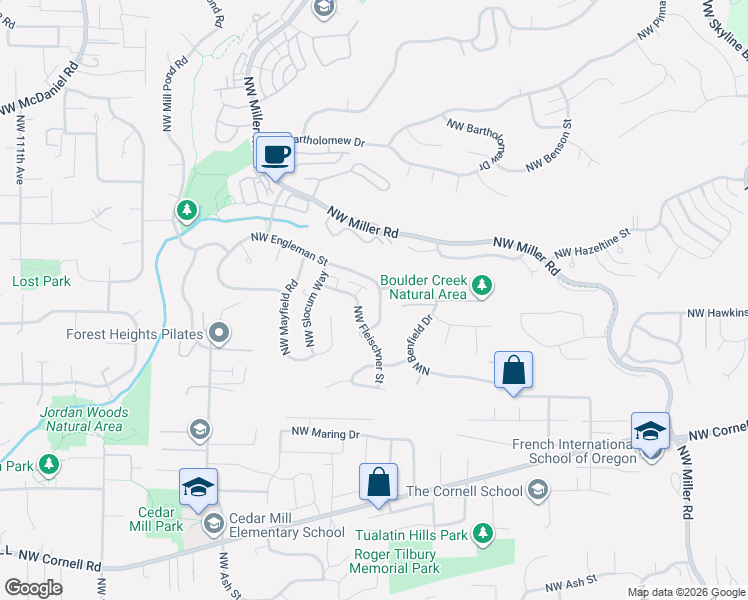 map of restaurants, bars, coffee shops, grocery stores, and more near 9534 Northwest Engleman Street in Portland