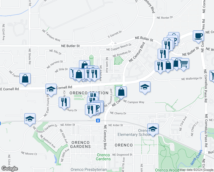 map of restaurants, bars, coffee shops, grocery stores, and more near 402 Northeast Cornell Road in Hillsboro