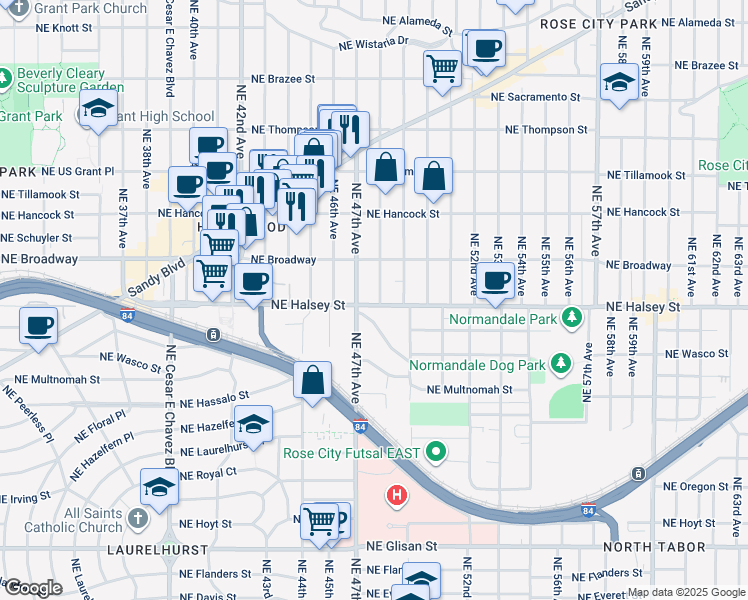 map of restaurants, bars, coffee shops, grocery stores, and more near 4729 Northeast Halsey Street in Portland