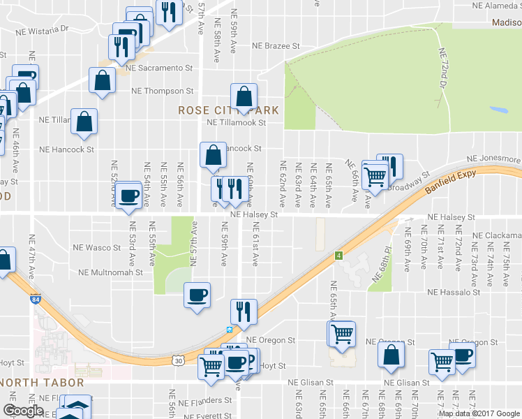 map of restaurants, bars, coffee shops, grocery stores, and more near 1501-1517 NE 61st Ave in Portland