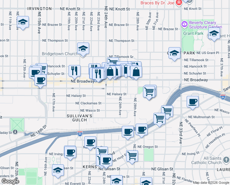 map of restaurants, bars, coffee shops, grocery stores, and more near 2509 Northeast Halsey Street in Portland