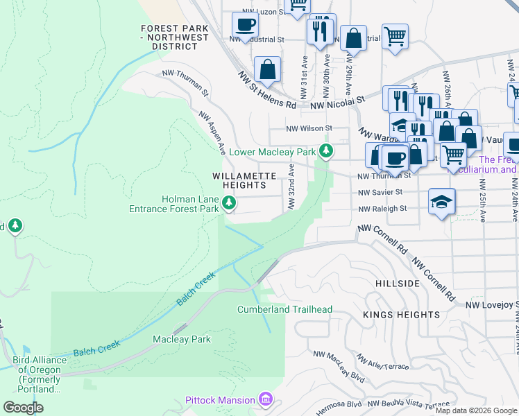 map of restaurants, bars, coffee shops, grocery stores, and more near 3409 Northwest Raleigh Street in Portland