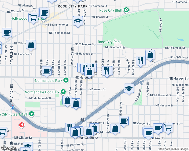 map of restaurants, bars, coffee shops, grocery stores, and more near 1501-1517 NE 61st Ave in Portland