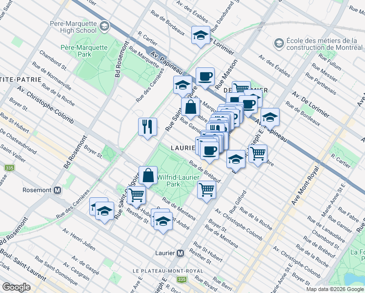 map of restaurants, bars, coffee shops, grocery stores, and more near 5274 Rue Chambord in Montréal