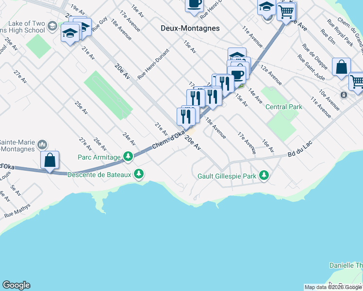 map of restaurants, bars, coffee shops, grocery stores, and more near 2002 Rue Madame-Magnan in Deux-Montagnes