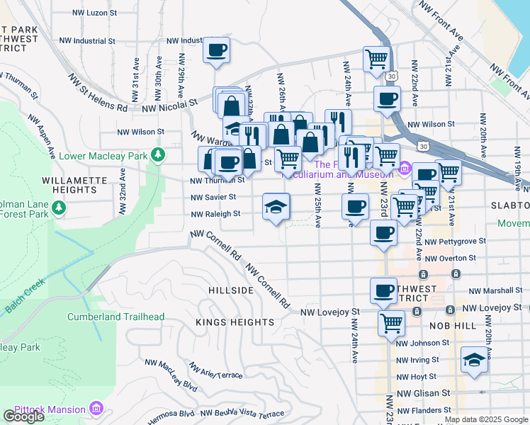 map of restaurants, bars, coffee shops, grocery stores, and more near 2657 Northwest Raleigh Street in Portland