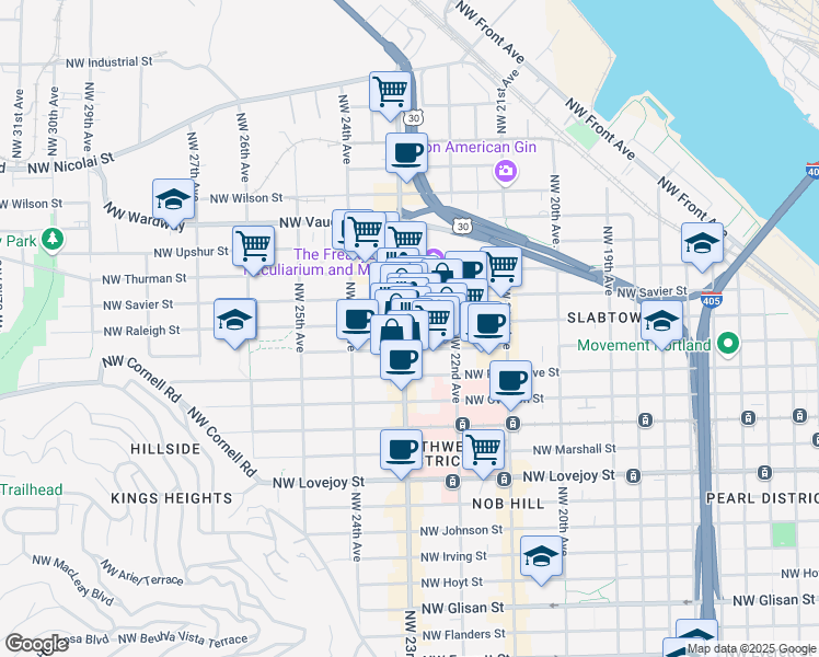 map of restaurants, bars, coffee shops, grocery stores, and more near 1536 Northwest 23rd Avenue in Portland